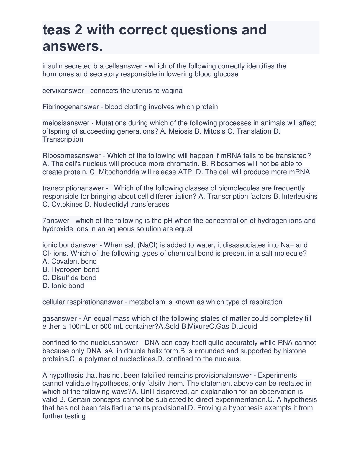 Preview image for teas 2 with correct questions and answers